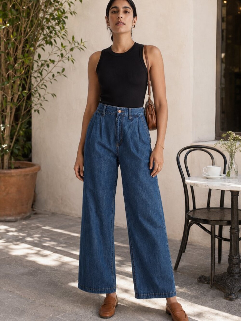 Wide Leg High-Rise Women's Jeans - Dark Blue